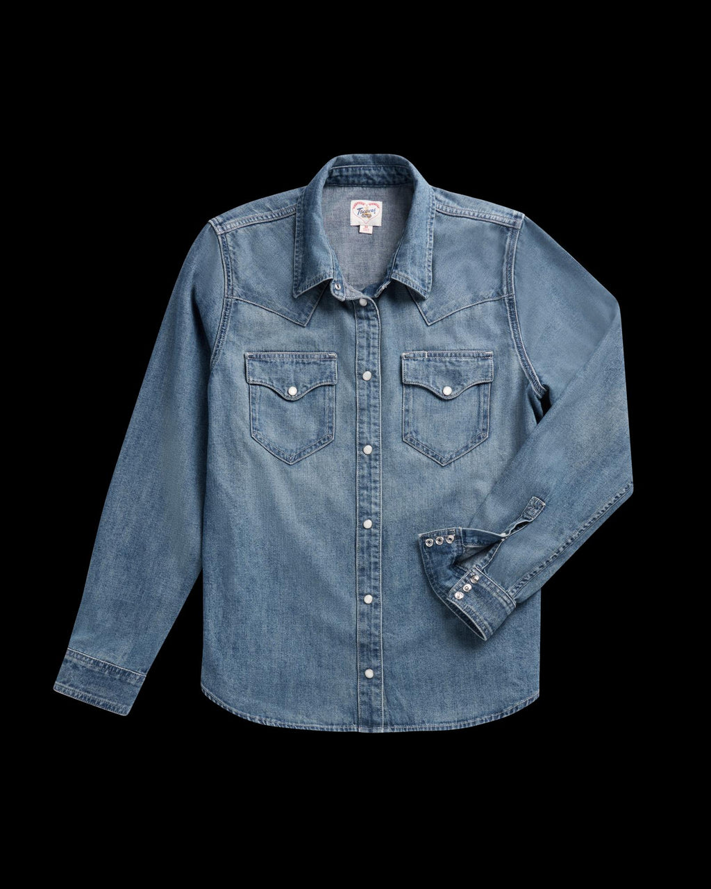 Closeup detail view of Women's Denim Pearl Snap (III) - Medium Wash