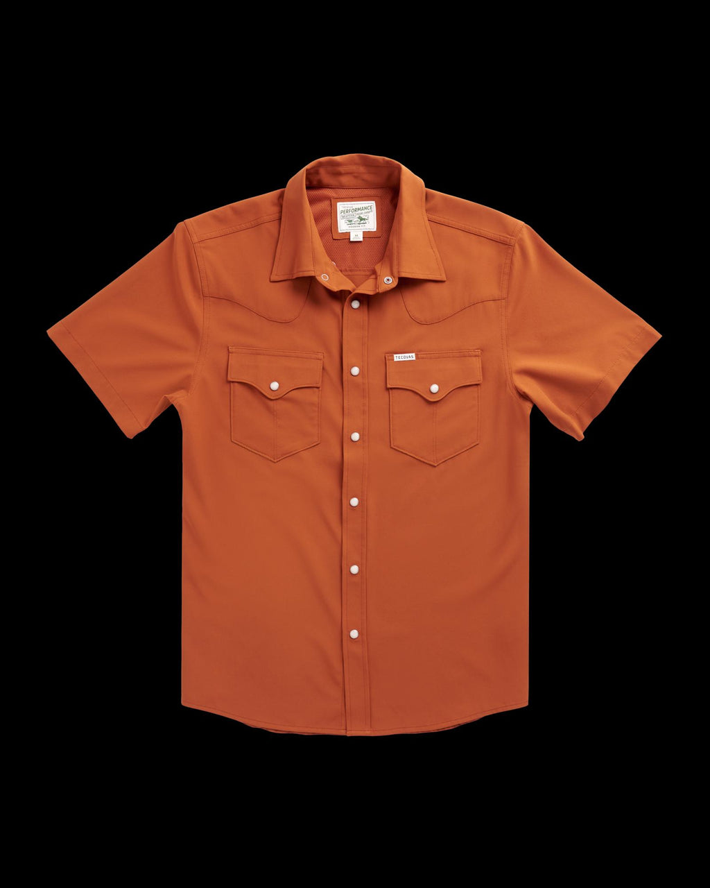 Short-sleeve, button-up orange shirt with two front chest pockets and white snap buttons, laid flat on a white background.