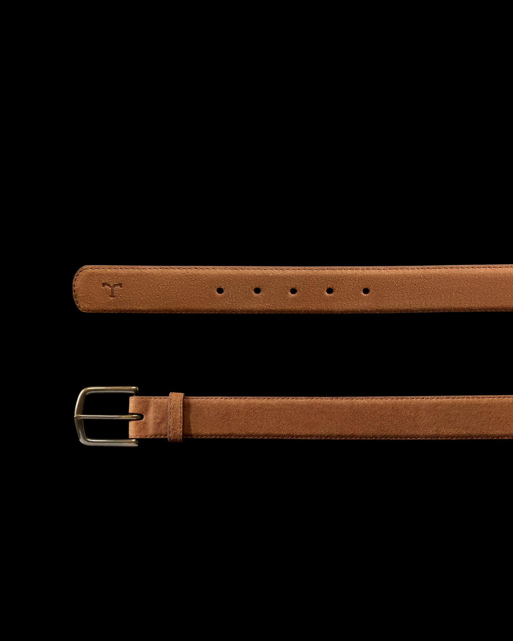 A brown leather belt with a silver rectangular buckle and multiple adjustment holes, displayed on a white background.