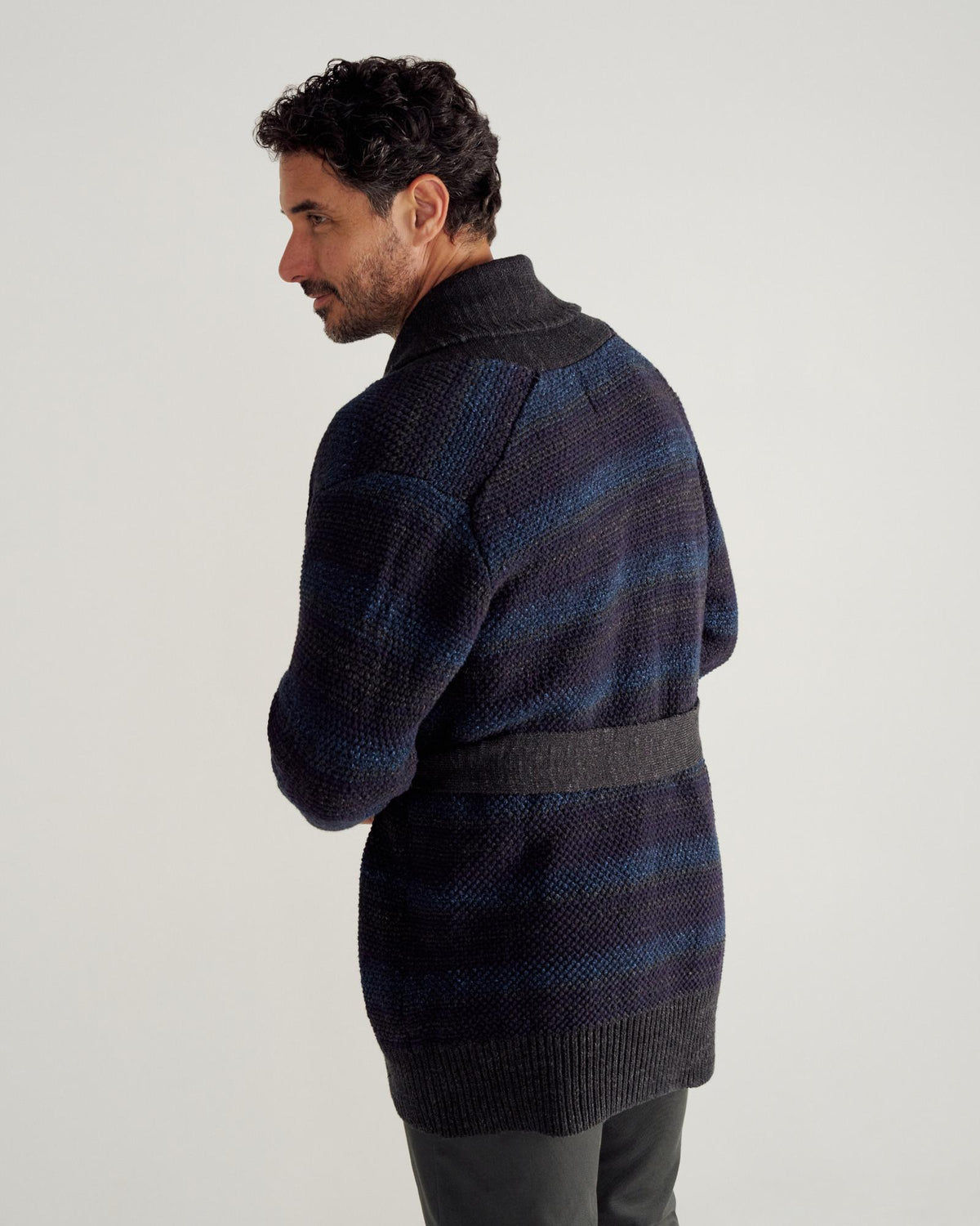 Closeup detail view of Men's Shawl Collar Wrap Sweater - Multi