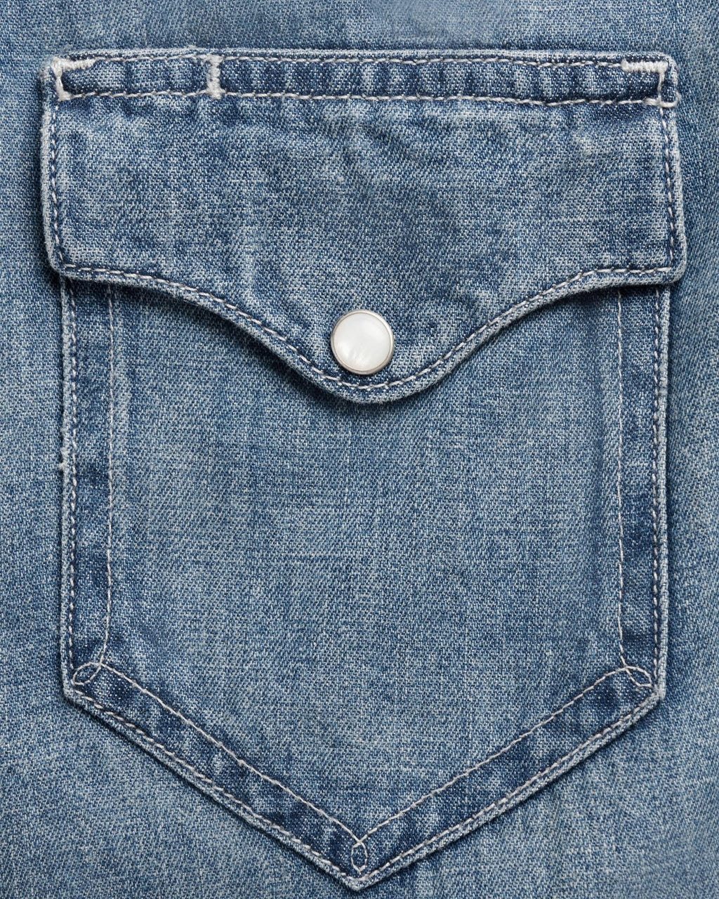 Closeup detail view of Women's Denim Pearl Snap (III) - Medium Wash