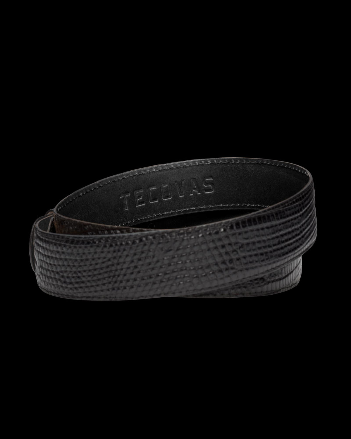 Back view of Men's Lizard Belt II - Midnight on plain background