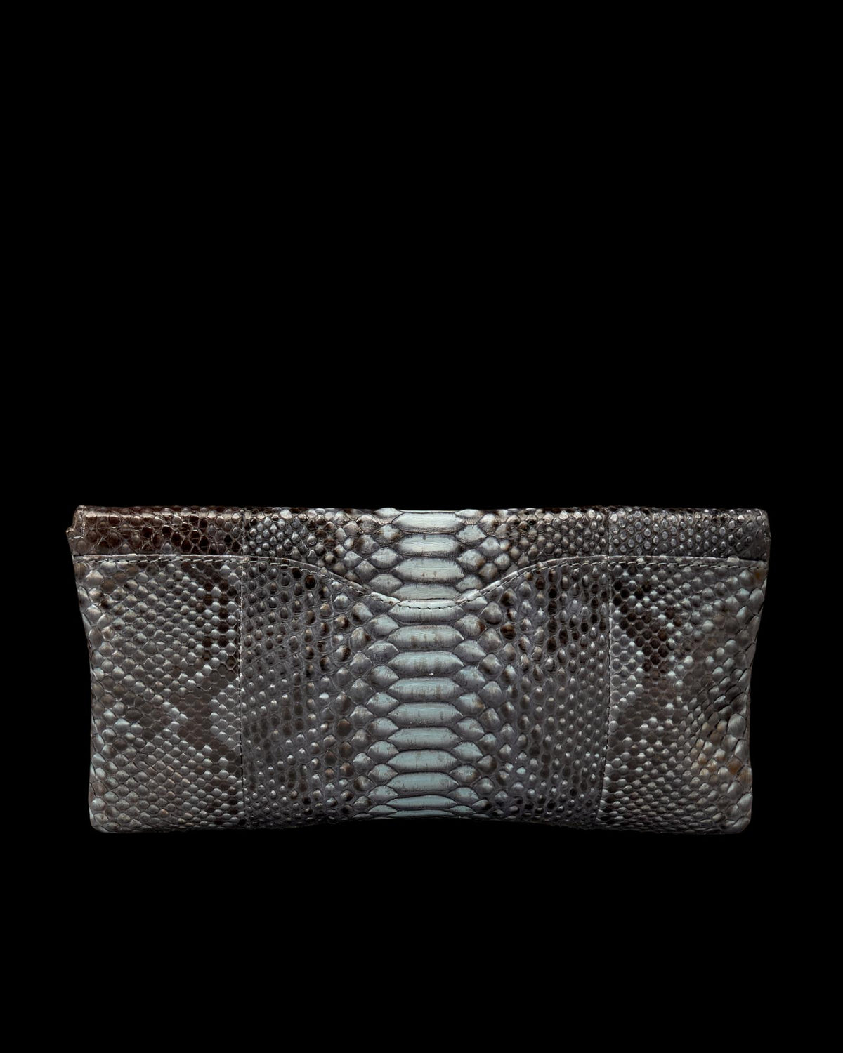 Rectangular clutch bag with a textured snakeskin pattern in shades of grey and blue.