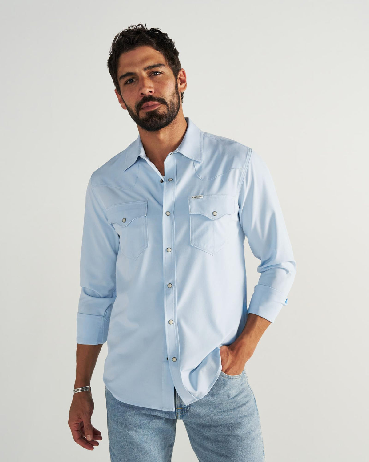 Closeup detail view of Men's Performance Western Pearl Snap LS - Sky