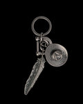 Metal keychain with a feather charm and a cowboy hat charm attached to a round key ring.