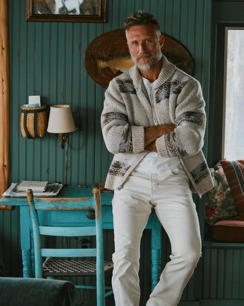 View of Men's Bison Zip Sweater - Oatmeal/Multi