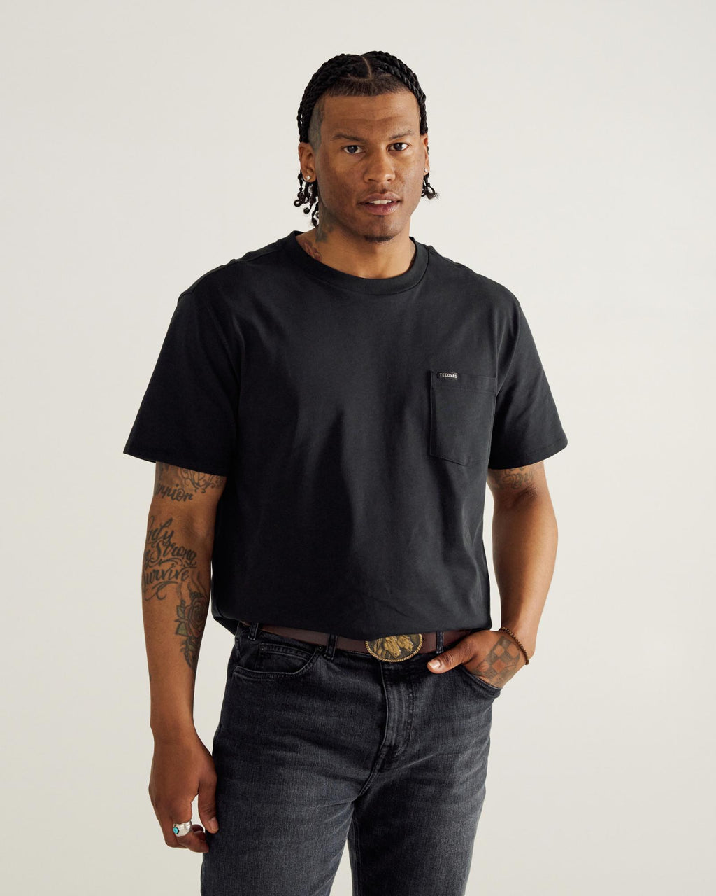 Closeup detail view of Standard Issue Pocket Tee - Black