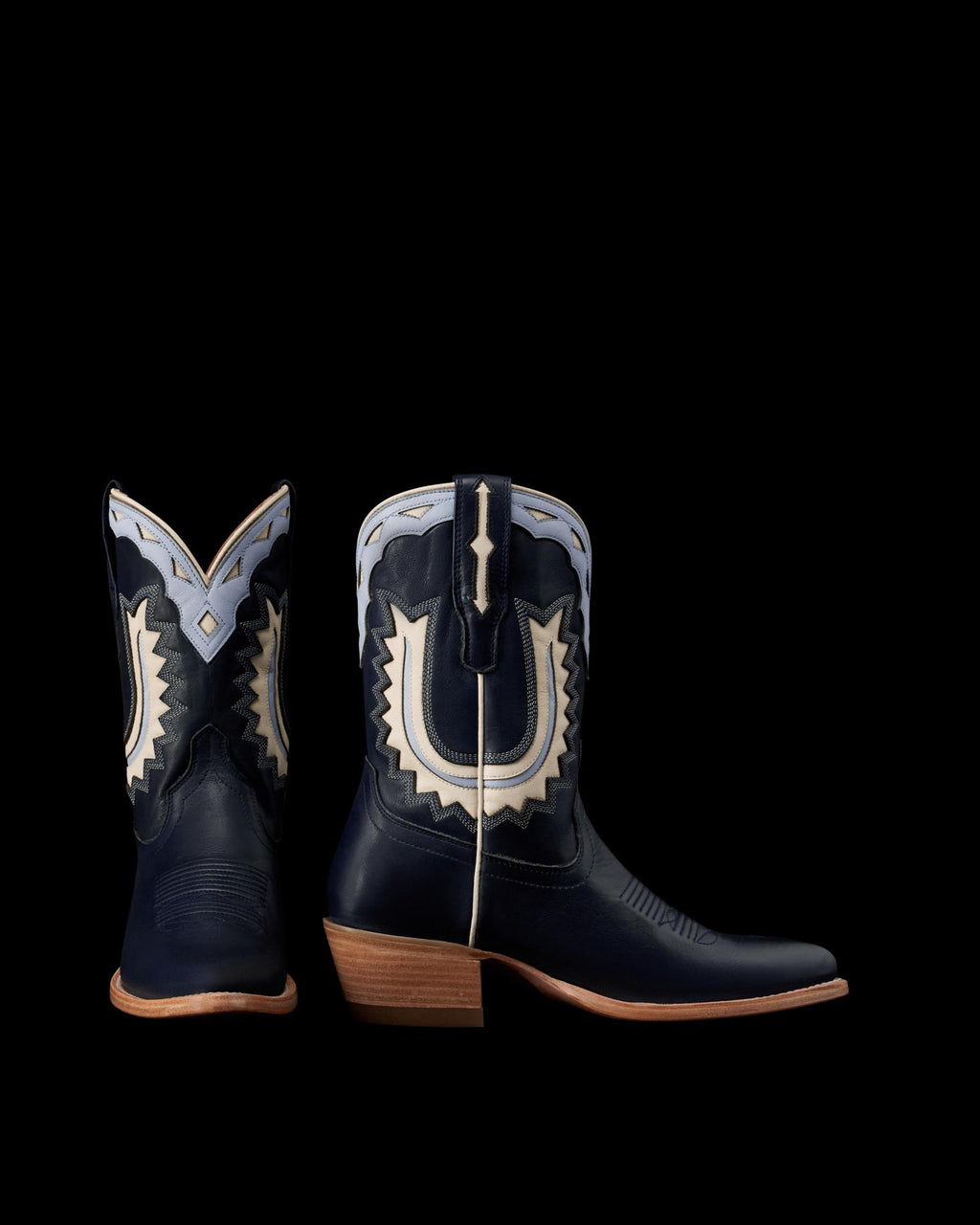 Pair view of The Jolene - Atlantic Blue/Chambray Cowhide on plain background