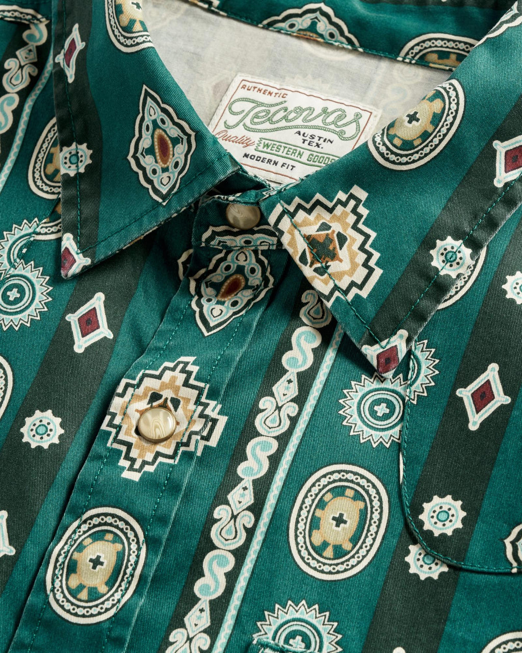 Closeup detail view of Men's Thorn Stopper Pearl Snap LS - Green Heron / Multi
