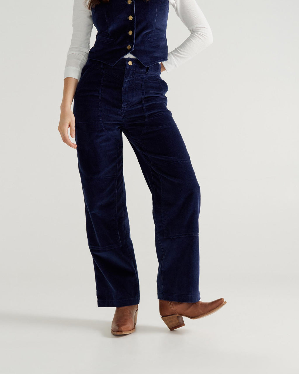 Front view of Women's Corduroy Carpenter Pant - Navy on model
