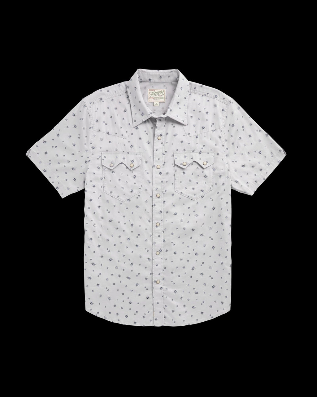 Closeup detail view of Men's Vintage Weight Short Sleeve Pearl Snap - Light Gray/Atlantic