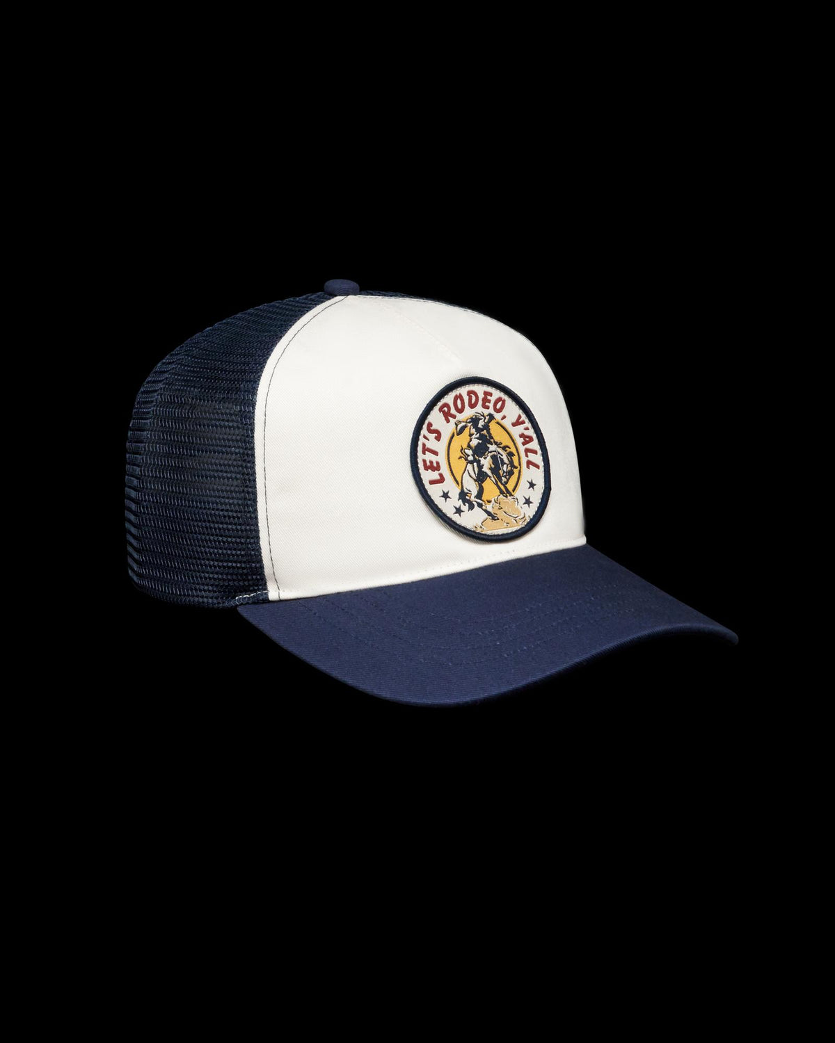 Quarterfront view of Let's Rodeo 5 Panel Low Pro Trucker - Navy / White on plain background
