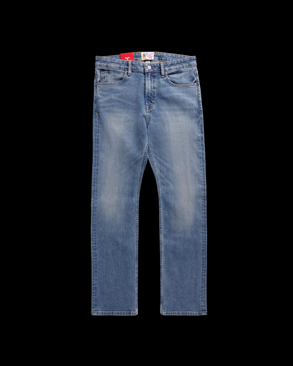 Front view of Men's Slim Straight Stretch Denim - Medium Light on plain background