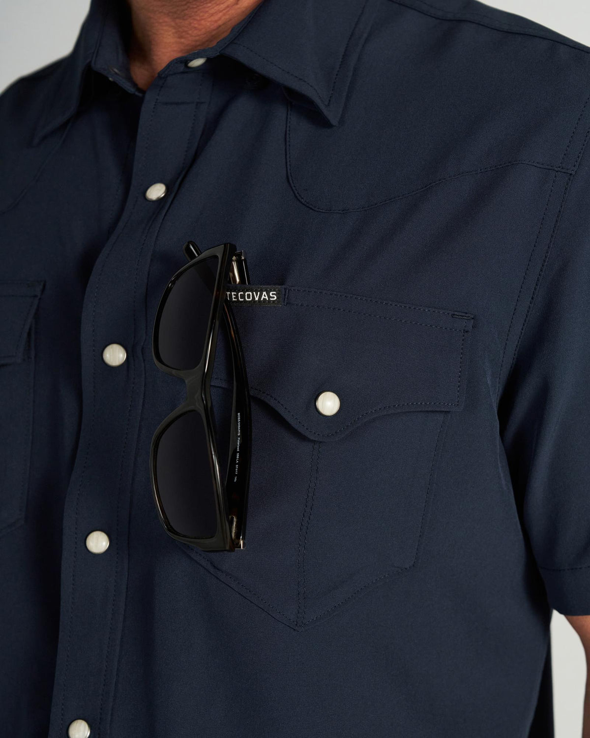 Closeup detail view of Men's Performance Western Pearl Snap SS - Navy