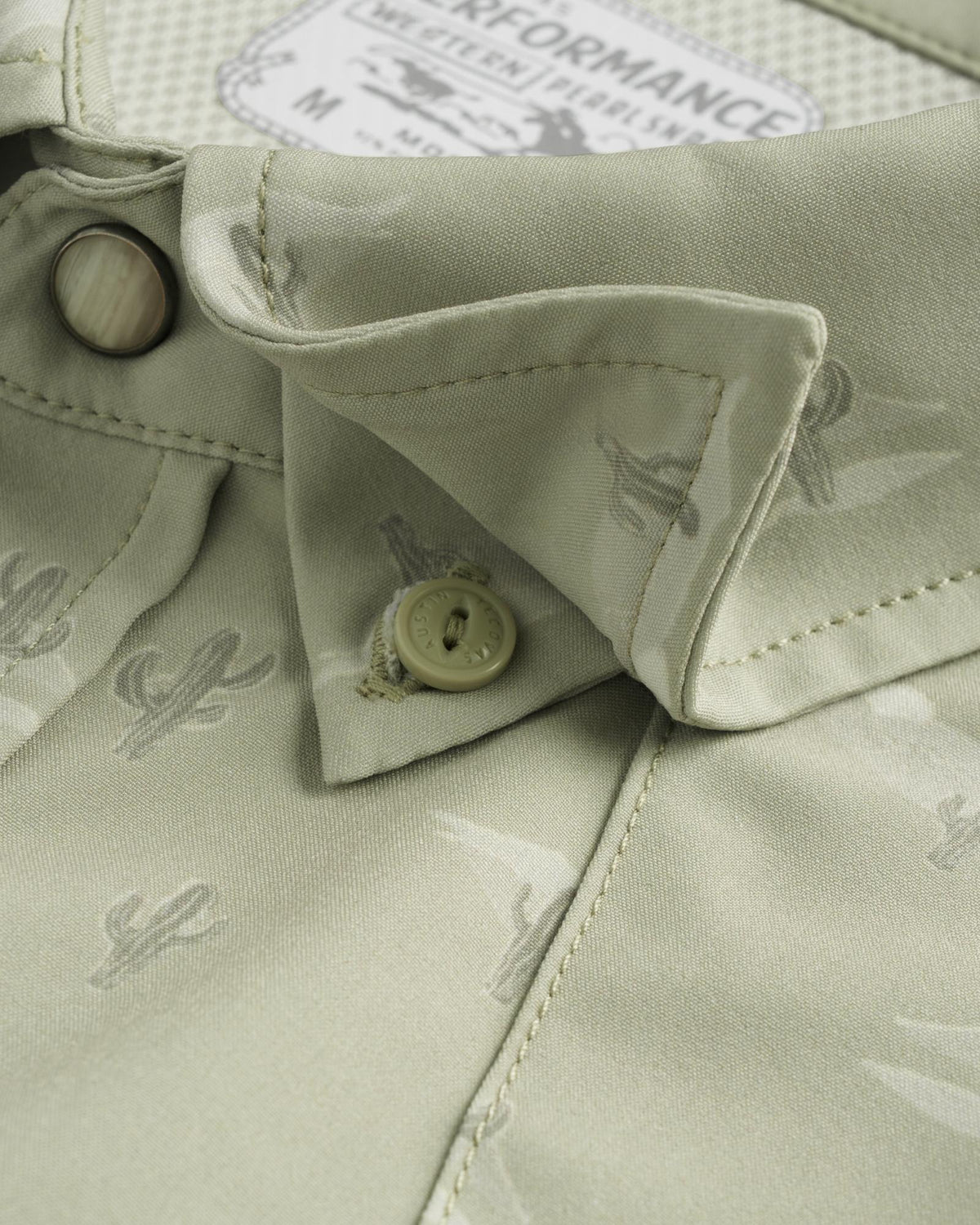 Closeup detail view of Men's Performance Western Short Sleeve Pearl Snap - Desert Sage/Light Sand