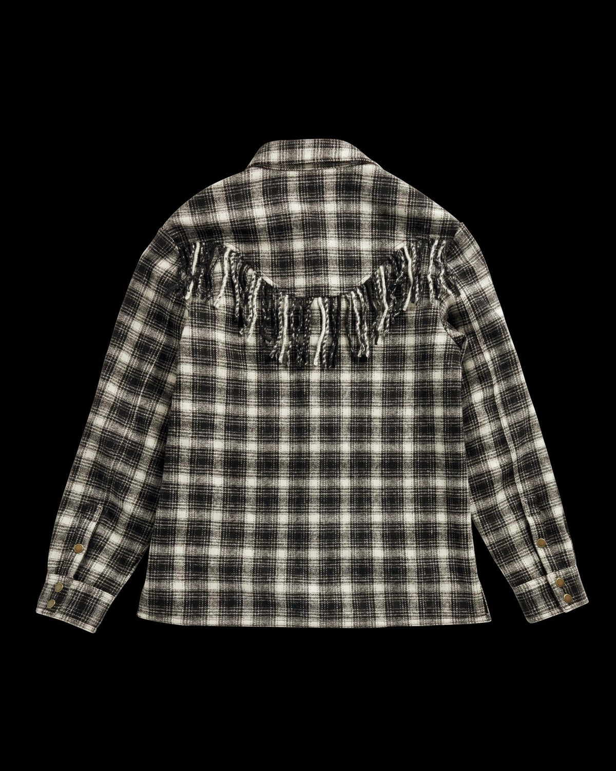 Closeup detail view of Women's Plaid Fringe Shacket - Black / White