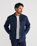 Front view of Men's Quilted Herringbone Shacket - Indigo on model