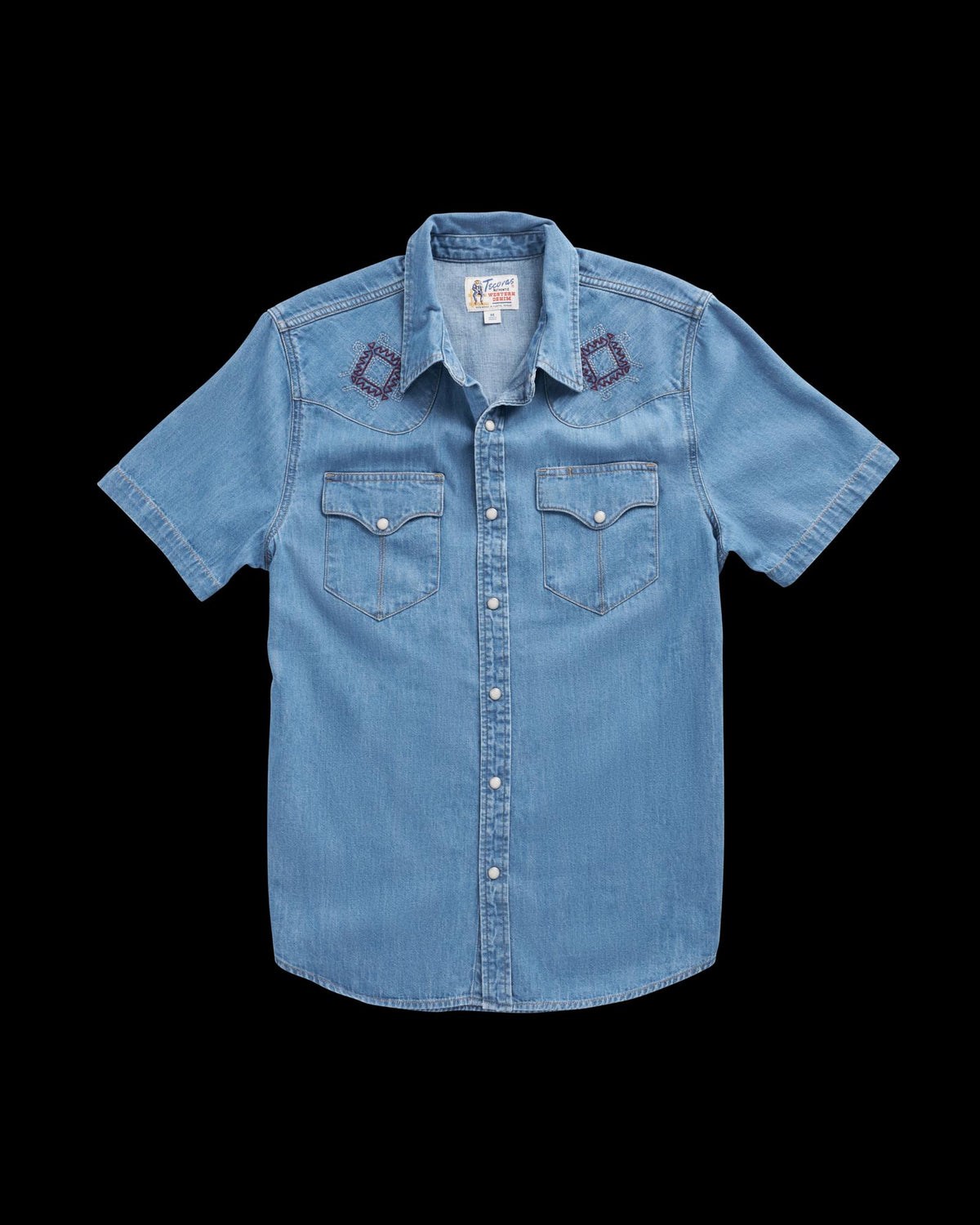 Closeup detail view of Men's Denim Pearl Snap SS - Turquoise / Multi