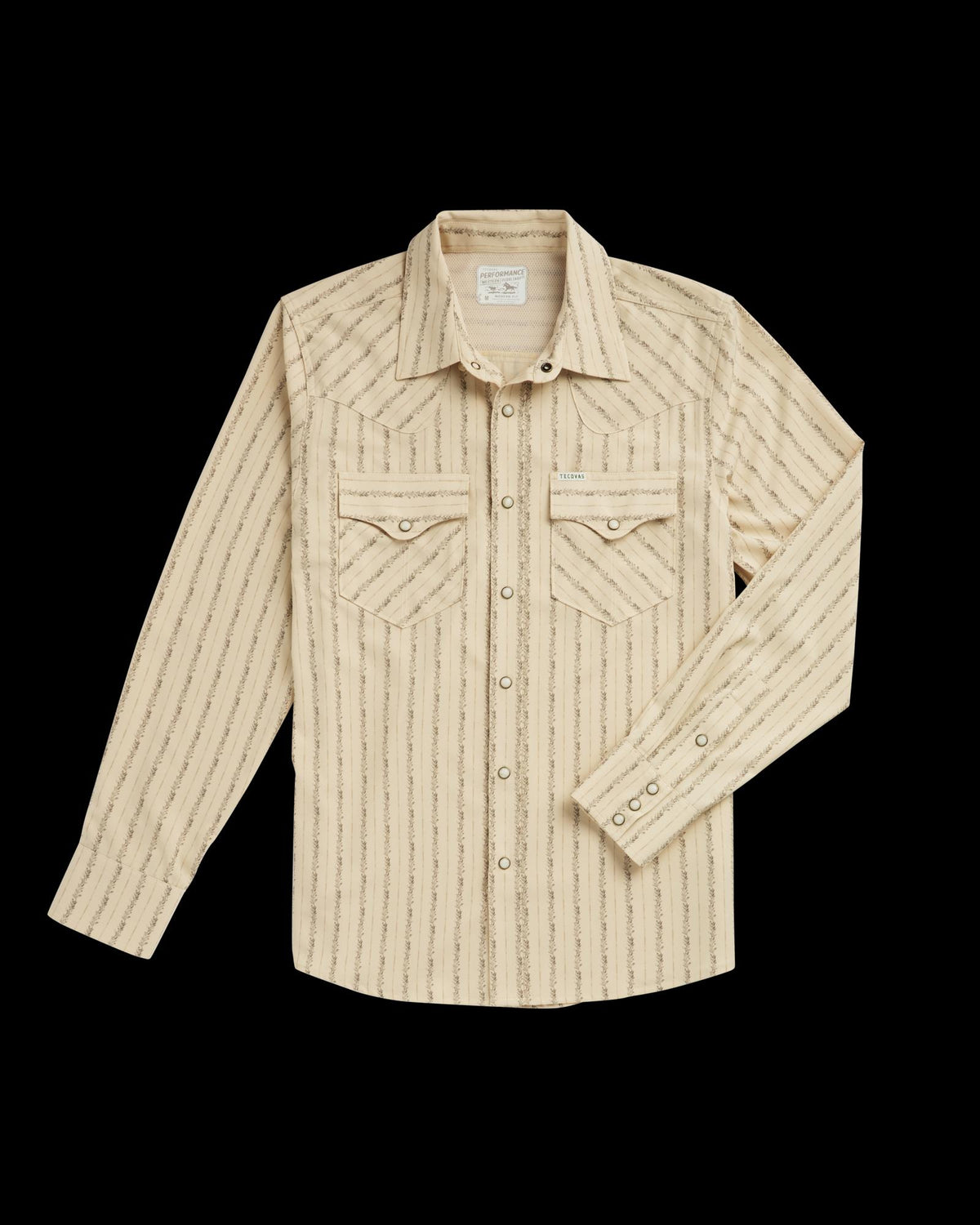 Closeup detail view of Men's Performance Western Pearl Snap - Sandstone/Multi