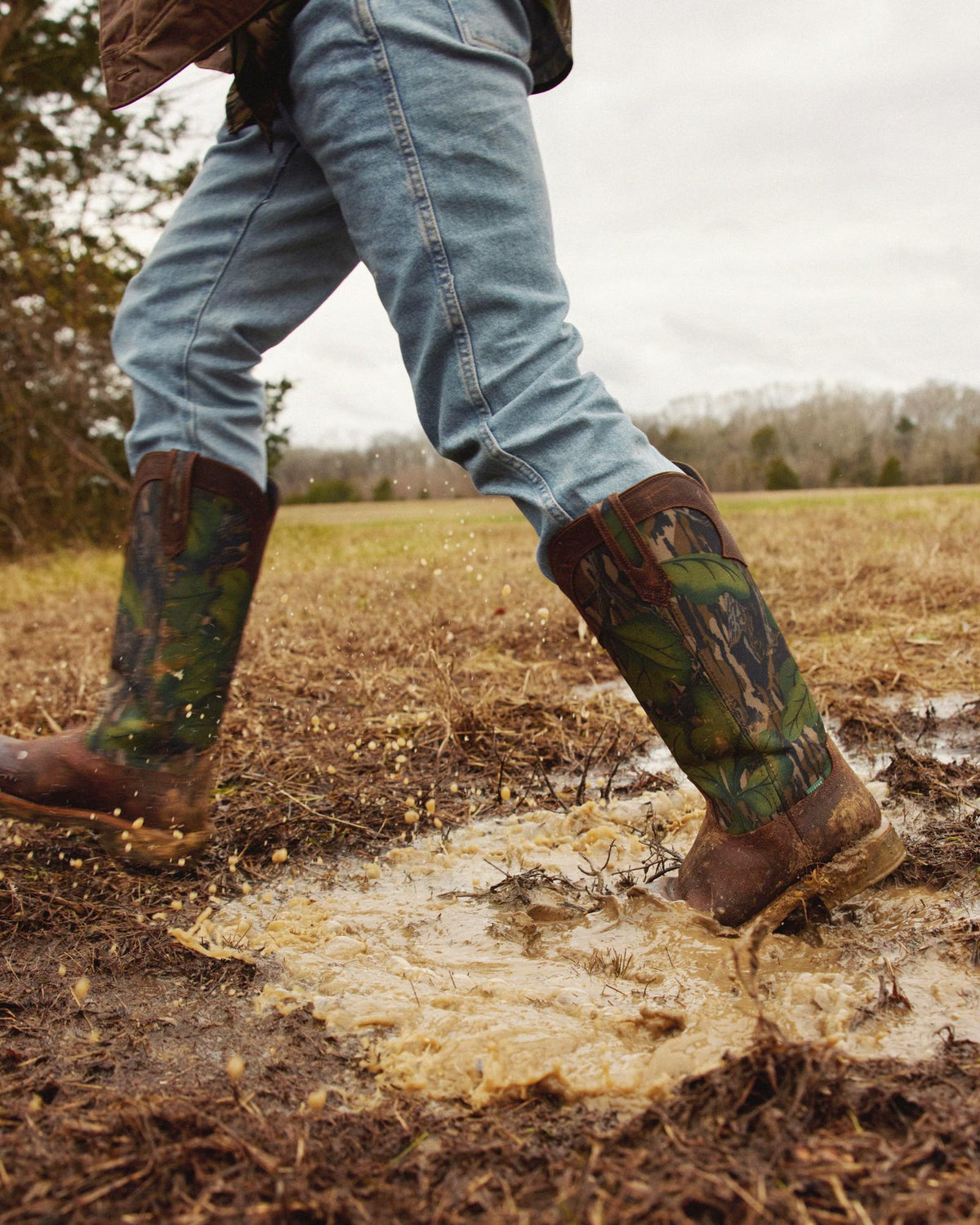 Full view of Tecovas x Mossy Oak Snake Boot - Full Foliage Cowhide on plain background