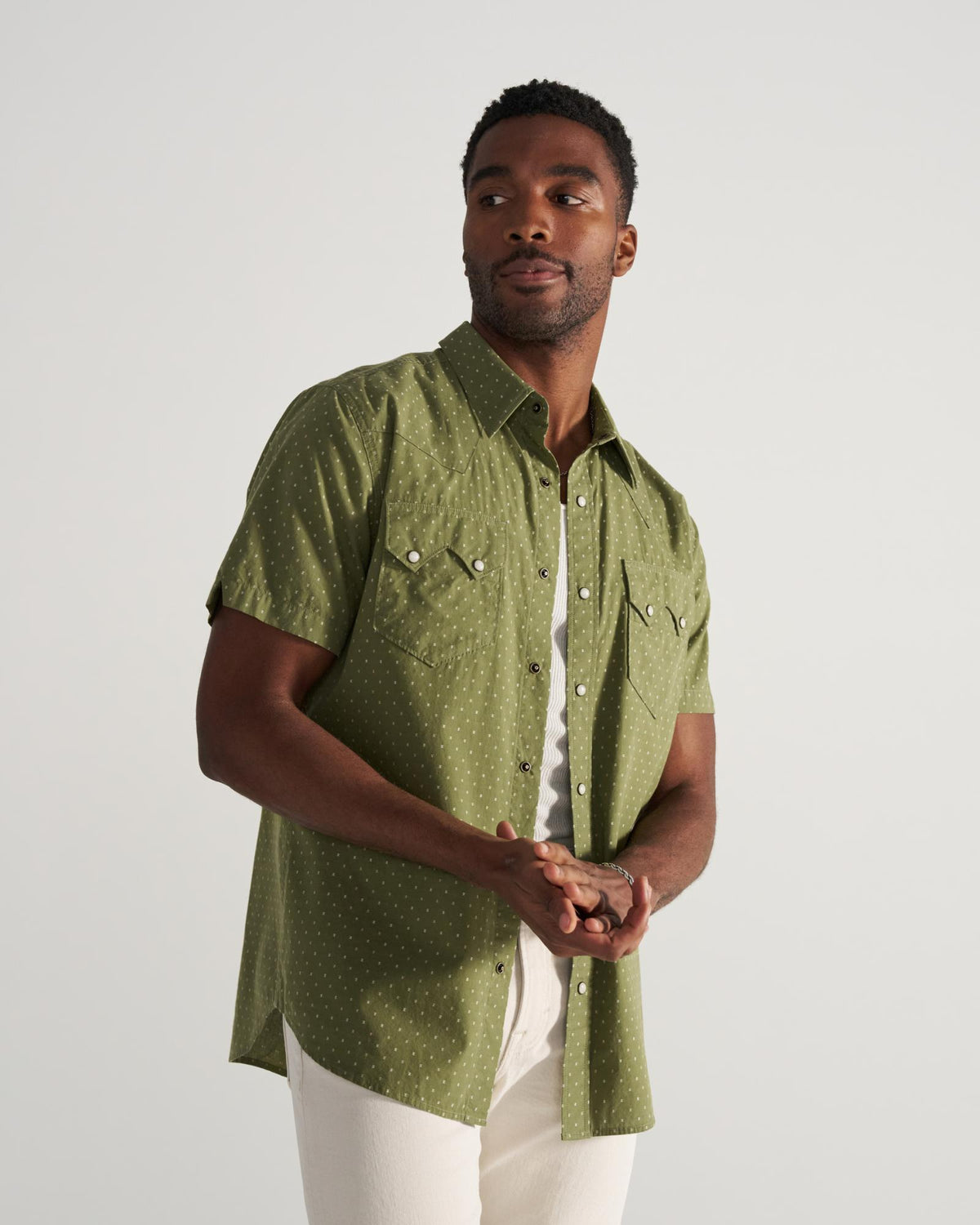 Closeup detail view of Men's Star Stitch Pearl Snap - Sage