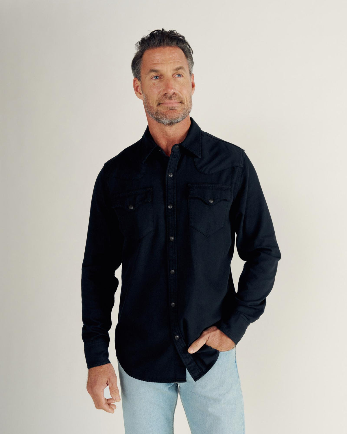 Closeup detail view of Men's Denim Long Sleeve Pearl Snap - Black
