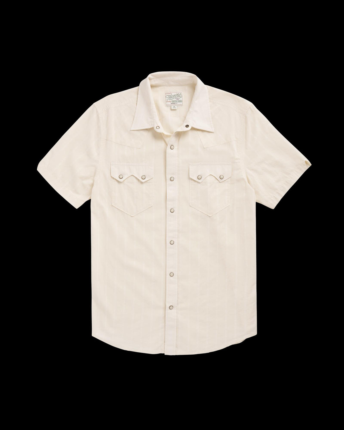 Closeup detail view of Men's Vintage Weight Short Sleeve Pearl Snap - Light Sand/Multi