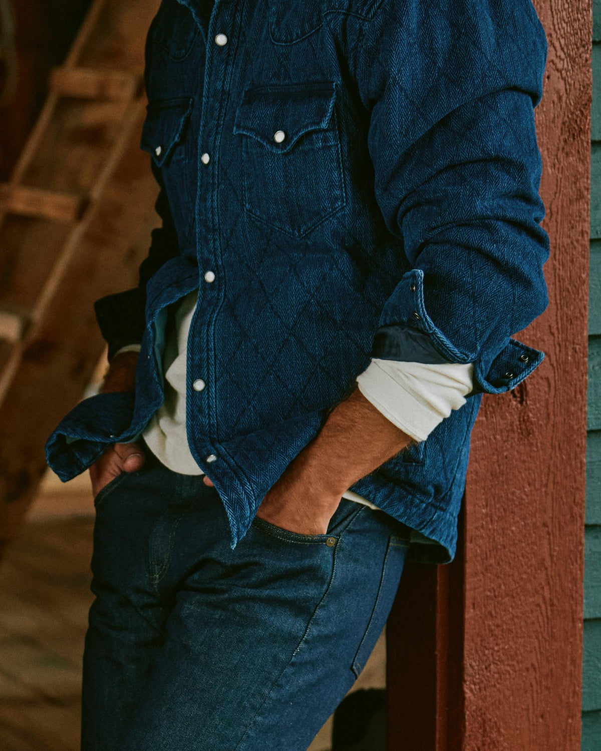 View of Men's Quilted Herringbone Shacket - Indigo