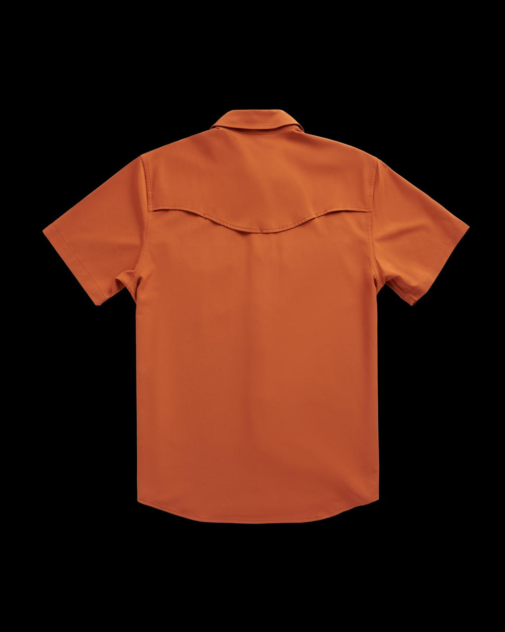 Short-sleeve orange button-up shirt shown from the back, featuring a yoke with a curved seam across the shoulders.