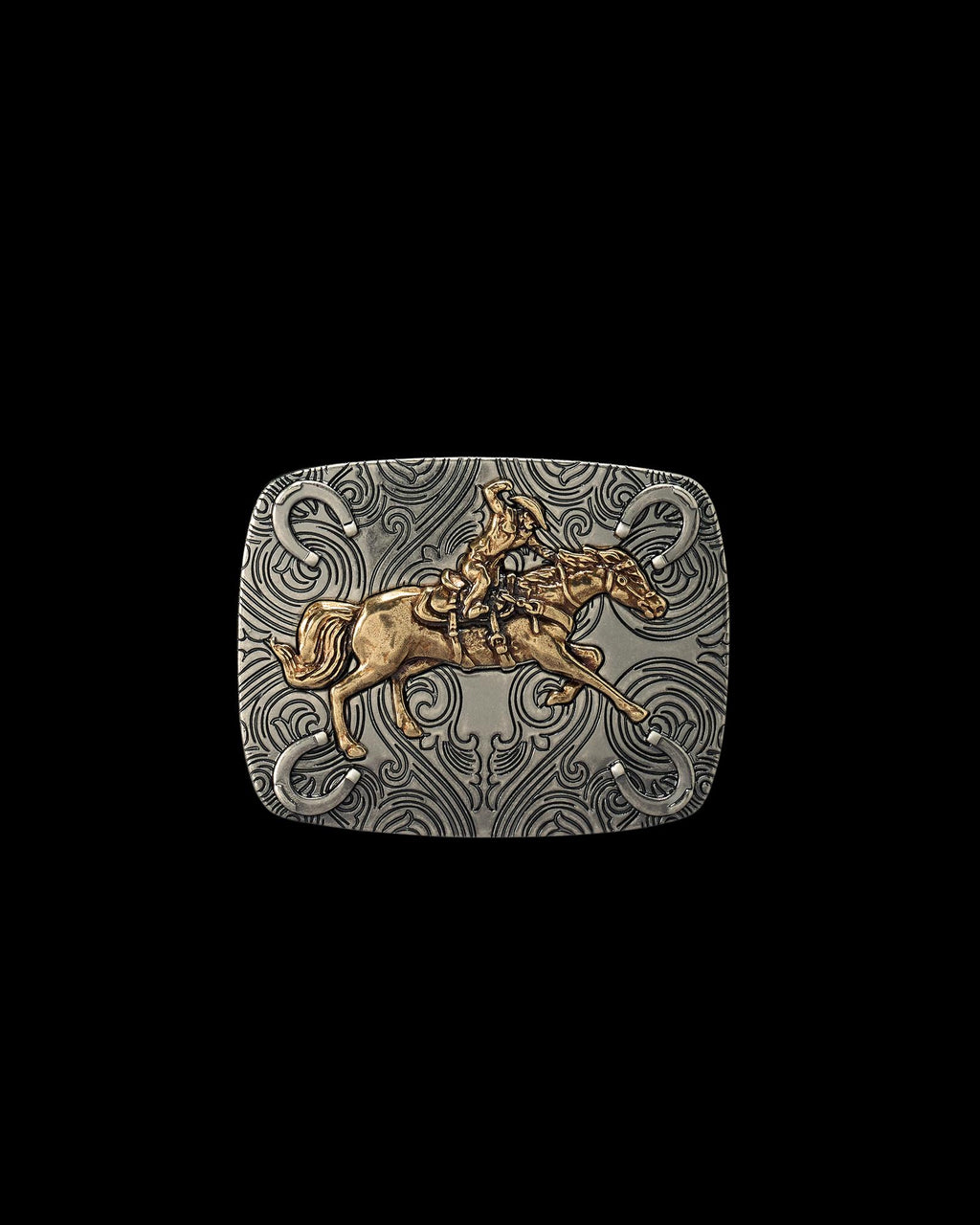 Front view of Cowboy Horseshoe Buckle - Dark Antique Nickel/Antique Brass on plain background