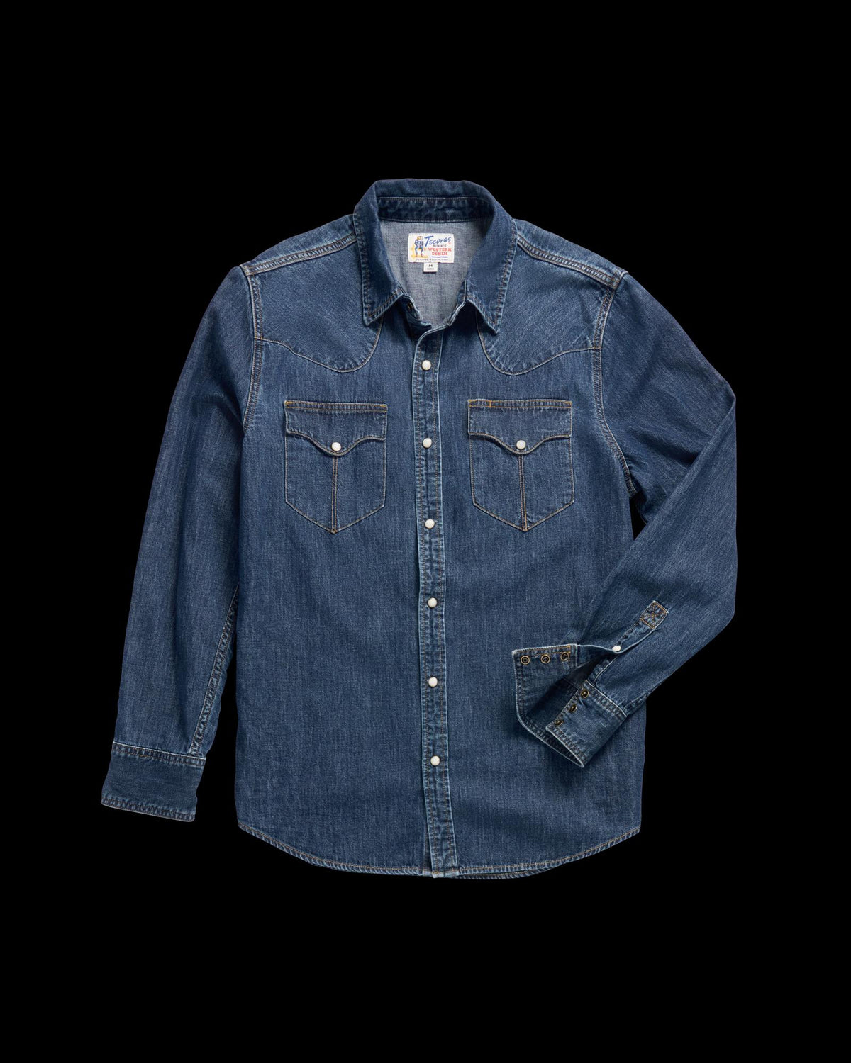 Closeup detail view of Men's Long Sleeve Denim Pearl Snap - Dark Wash