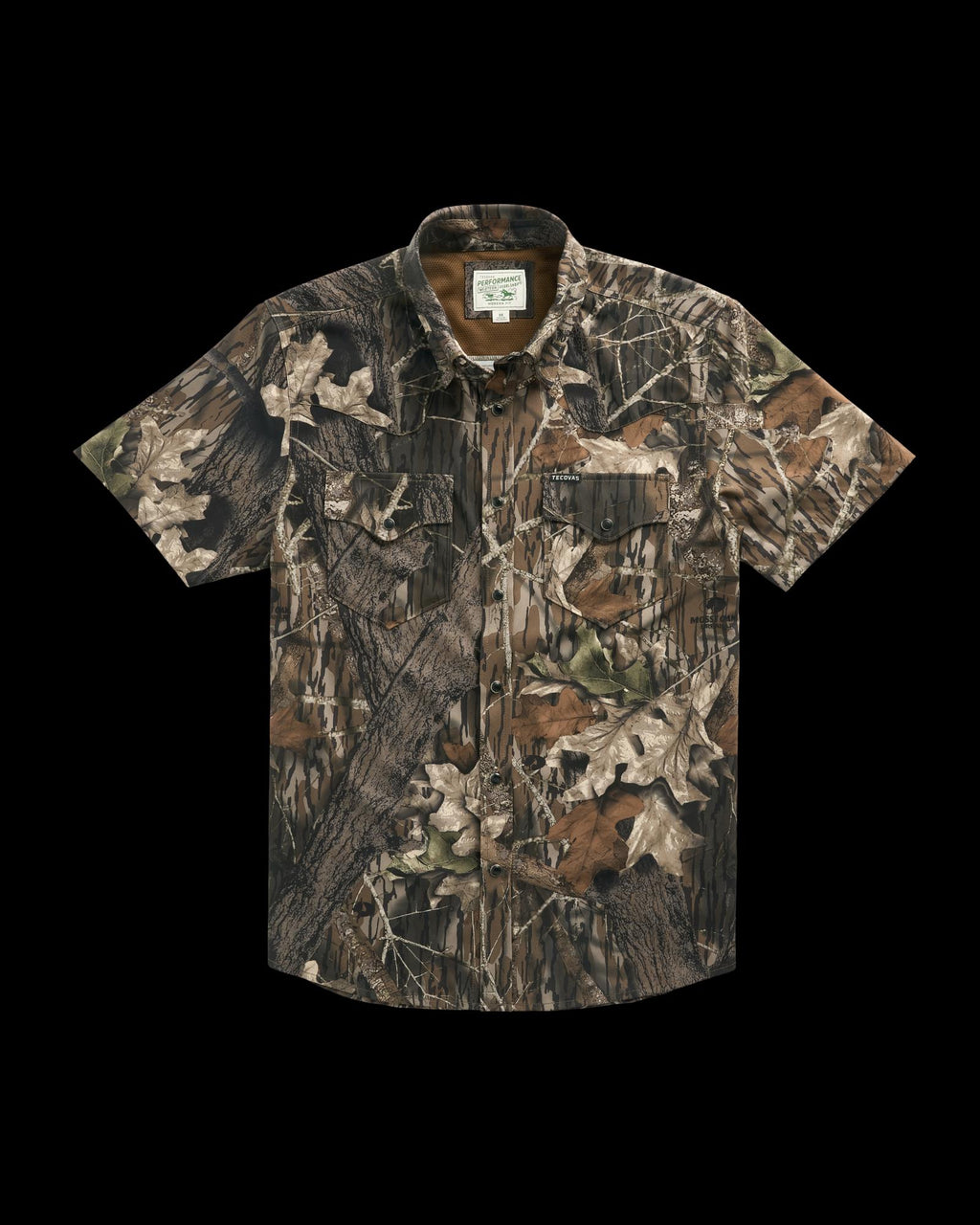 Short-sleeve button-up shirt with a brown and green camouflage pattern, displayed flat on a white background.