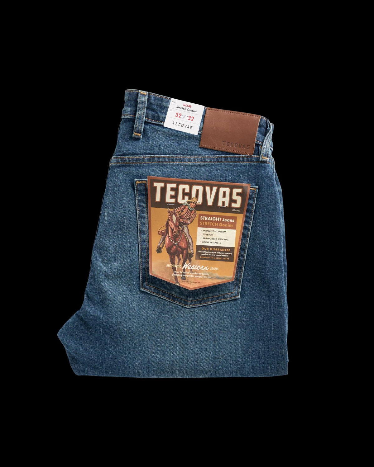 Folded view of Men's Straight Stretch Denim - Medium Dark on plain background