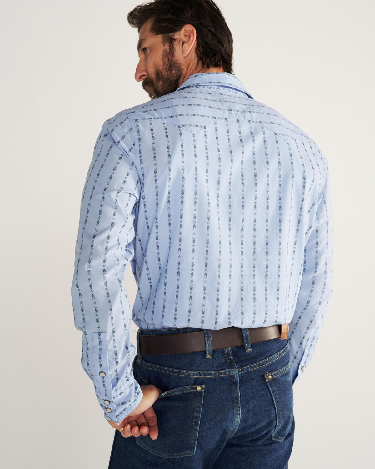 Closeup detail view of Men's Vintage Weight Pearl Snap LS - Chambray / Storm