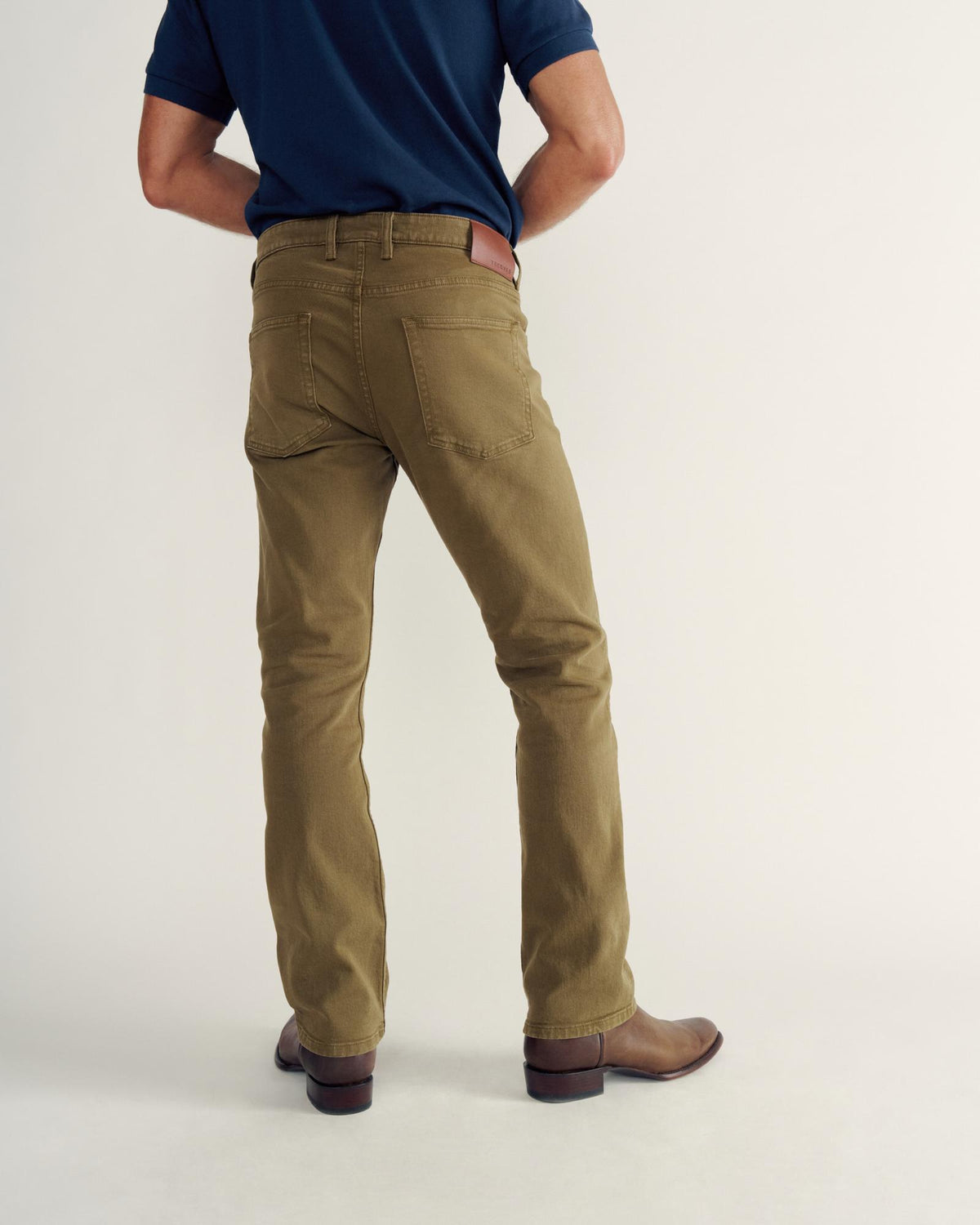 Back view of Men's Slim Straight Stretch Twill - Olive on model