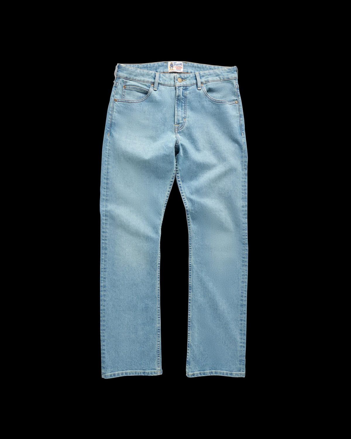 Front view of Men's Slim Straight Stretch Denim - Light Stone Wash on plain background