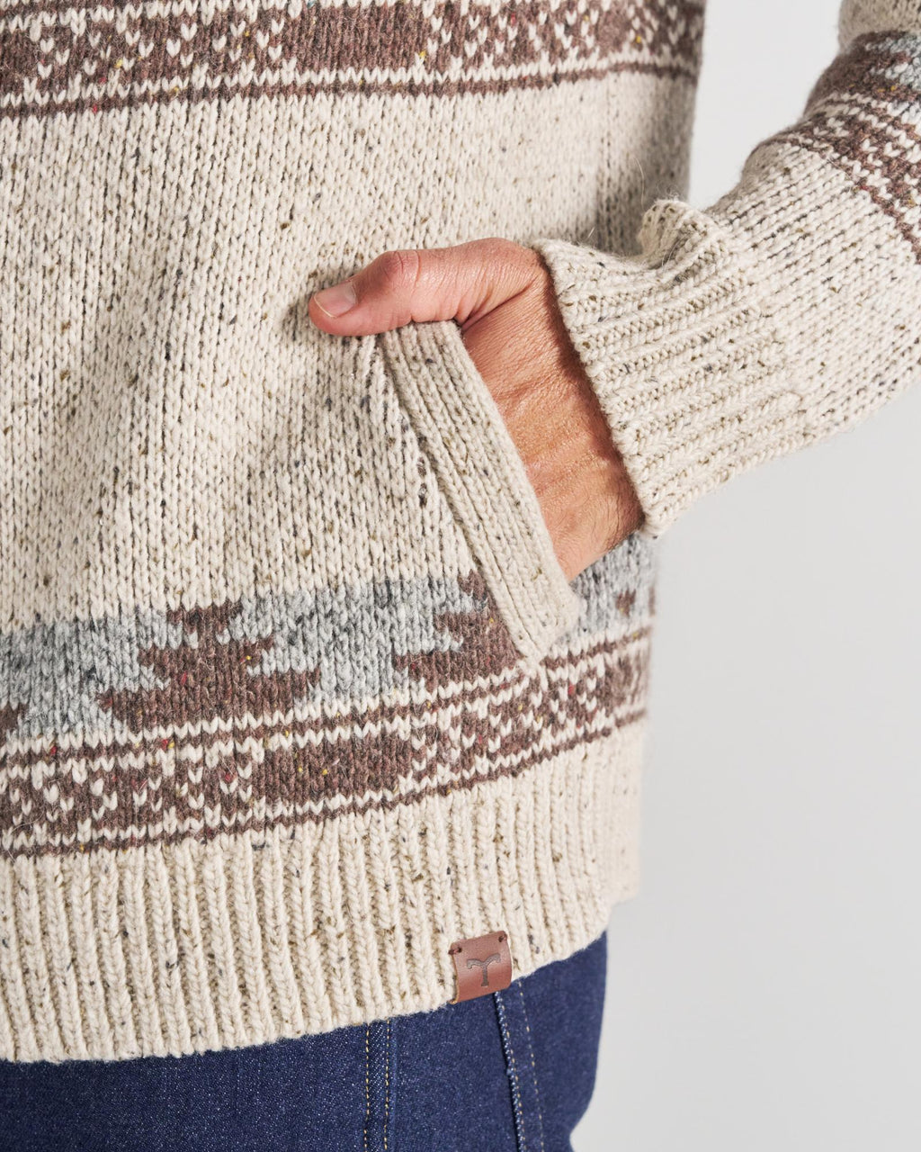 Closeup view of Men's Bison Zip Sweater - Oatmeal/Multi