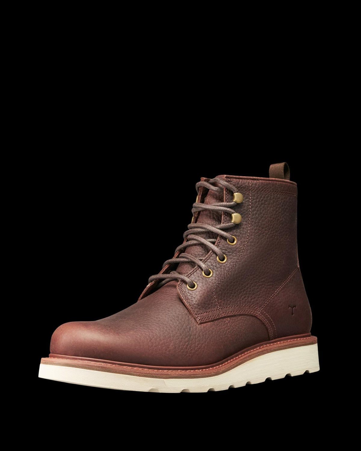 The Knox Lace Up in Cognac Cowhide. Cognac cowhide lace-up boot with a thick white sole.