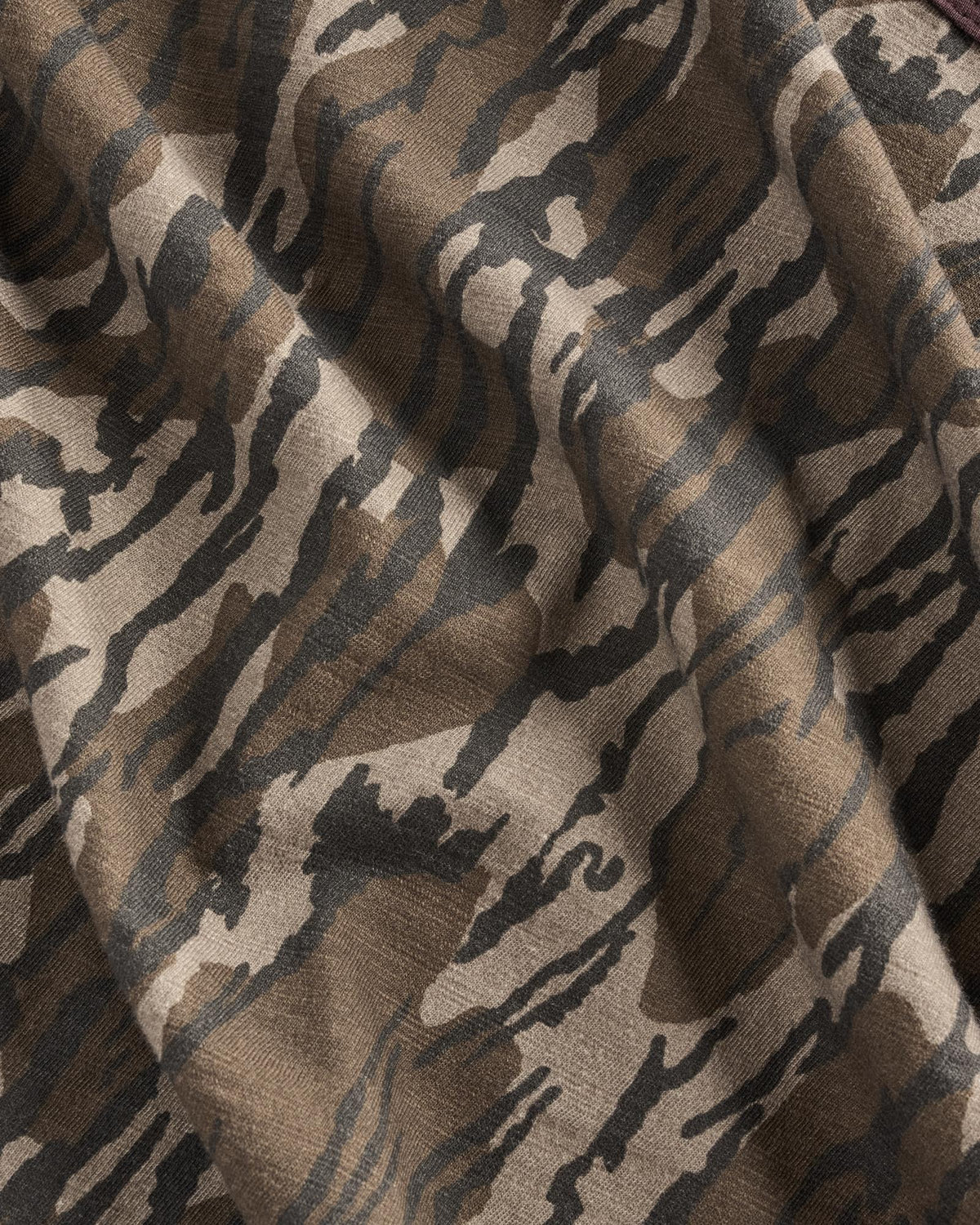 Closeup view of Women's Tecovas x Mossy Oak Ringer Tee - Original Bottomland