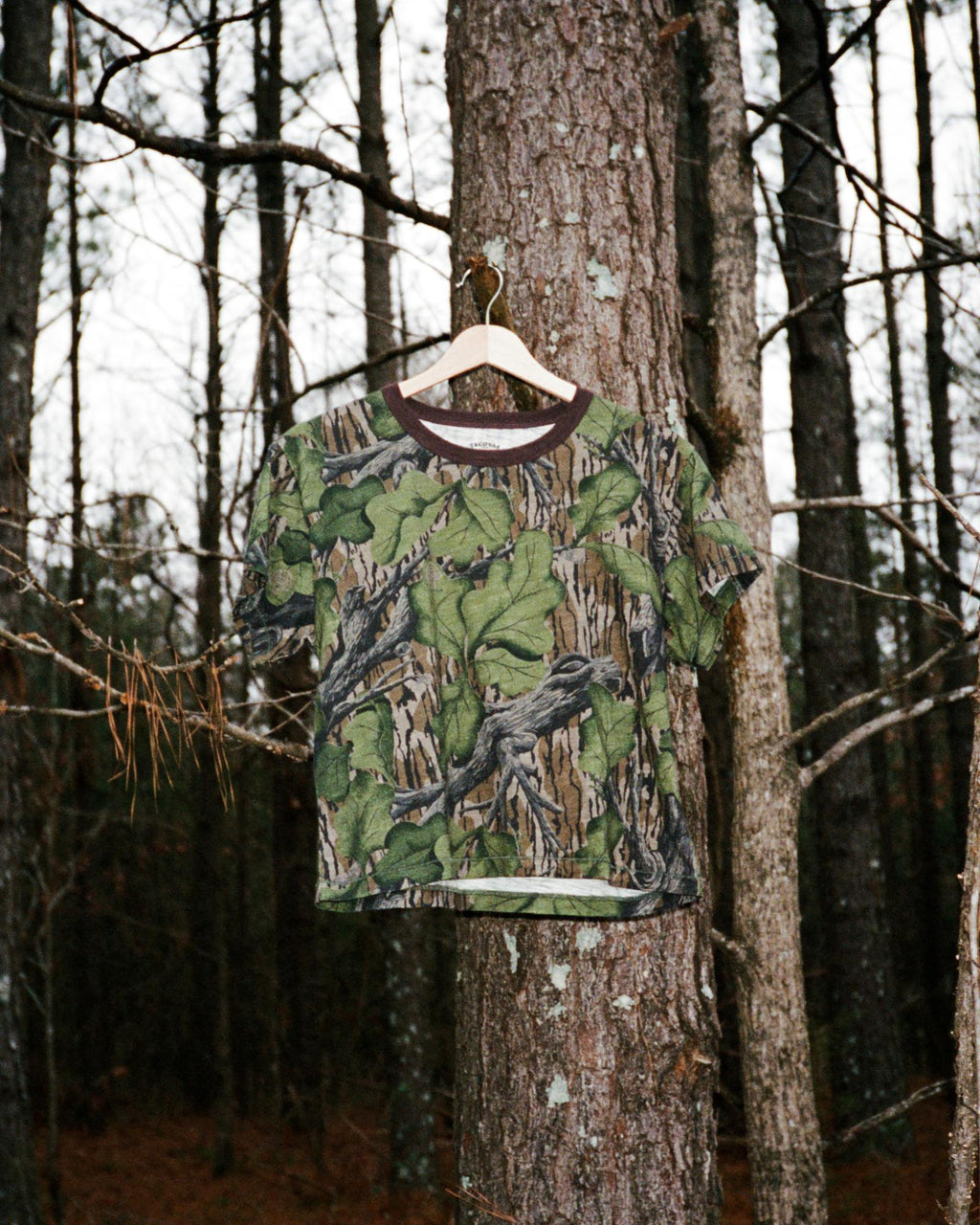 A camouflage-patterned T-shirt on a hanger is displayed against the trunk of a tree in a wooded area.