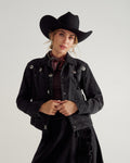 Front view of Women's Rodeo Concho Denim Jacket - Black on model