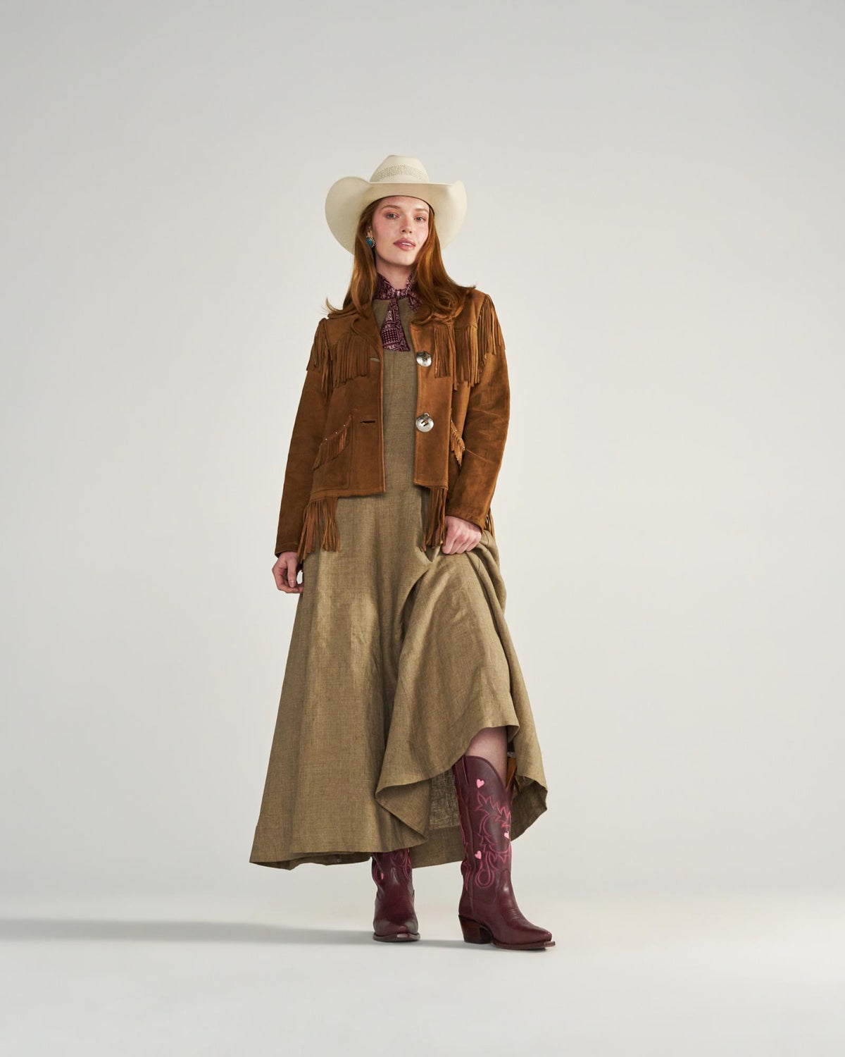Full view of The Annie Hearts - Wine Cowhide on model