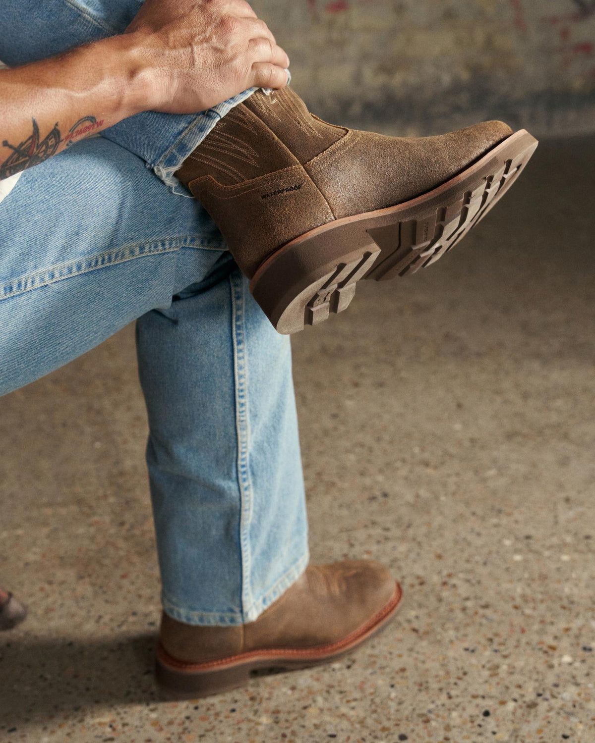 Toe view of LongHaul Waterproof Square Soft Toe Work Boot with Temp Control - Earthstone Cowhide on plain background
