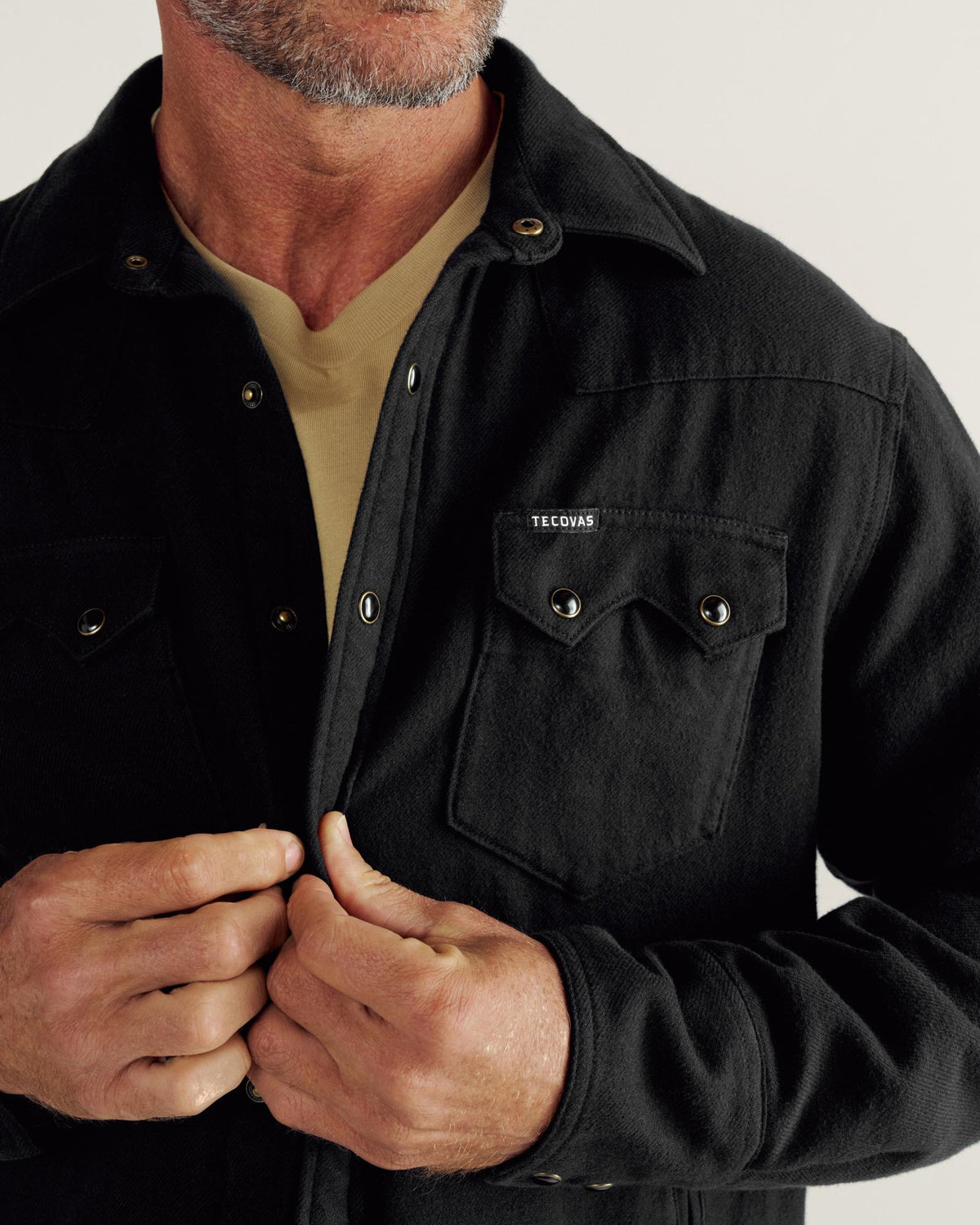 Closeup detail view of Men's Sawtooth Pearl Snap Shacket - Black
