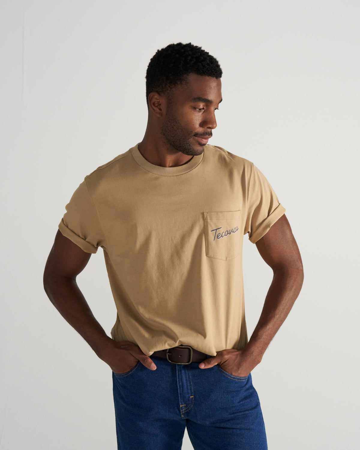 Closeup detail view of Men's Store Front Pocket T-Shirt - Khaki/Multi