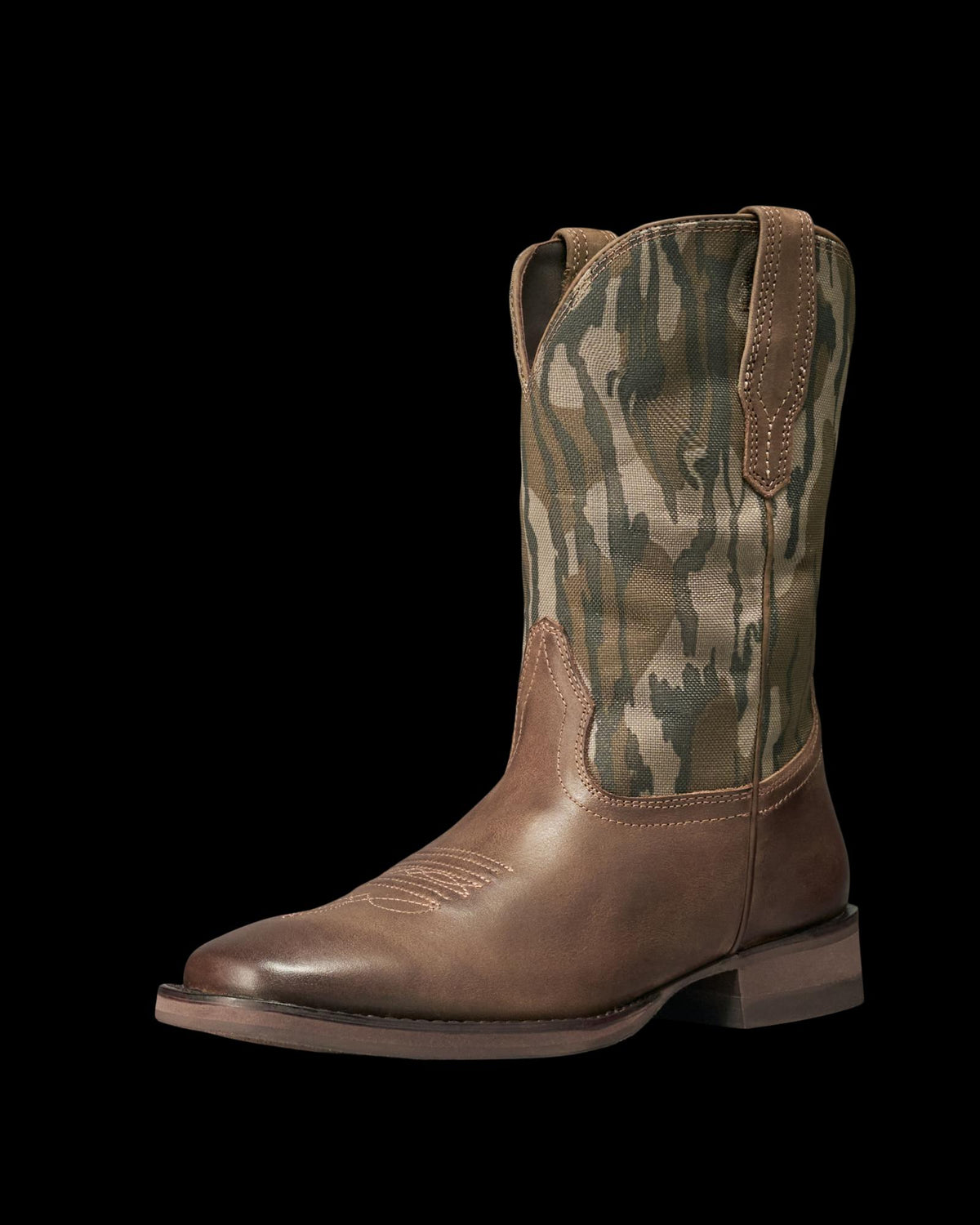 Brown leather cowboy boot with a green camouflage-patterned shaft, square toe, and pull tabs, displayed on a white background.