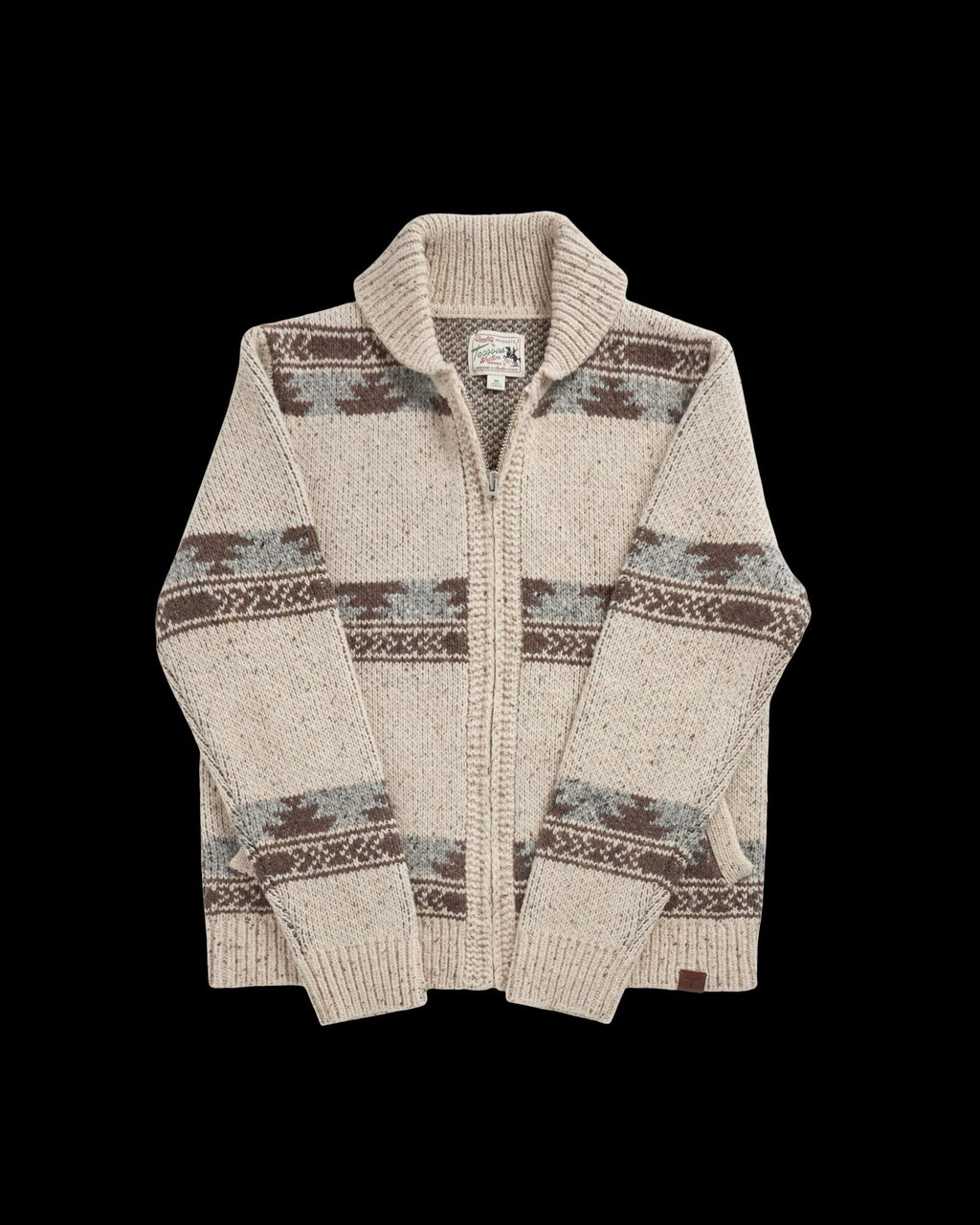 Front view of Men's Bison Zip Sweater - Oatmeal/Multi on plain background