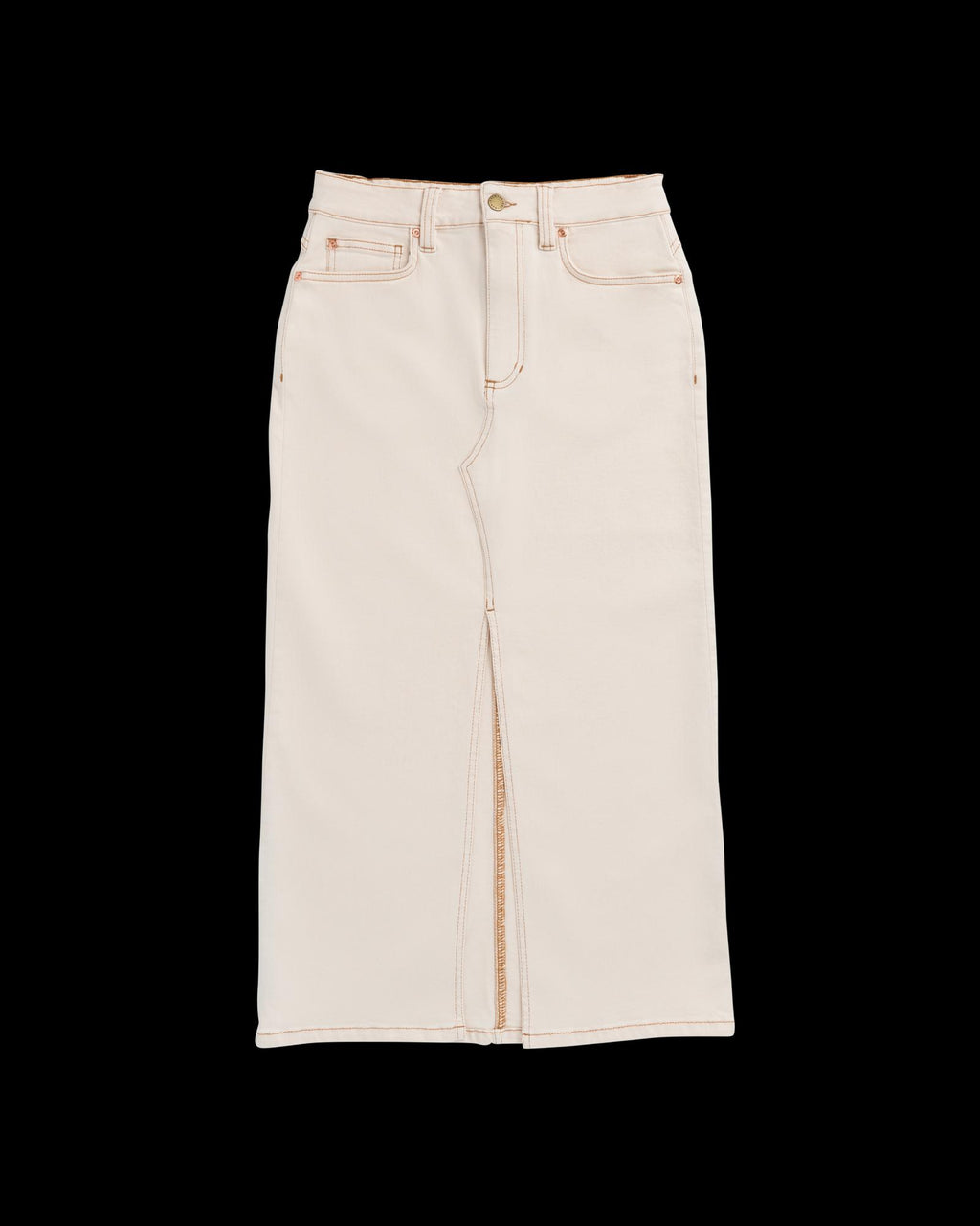 Beige high-waisted denim skirt with front slit, visible seams, belt loops, front and back pockets, and a button closure.