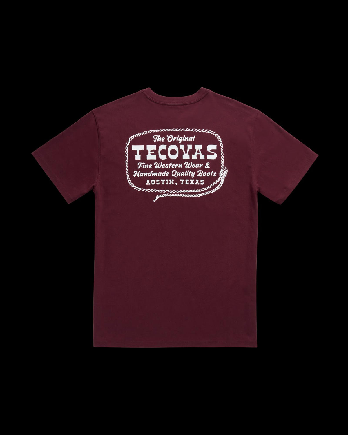 Back view of Men's Original Tecovas Rope Tee - Port / Bone on plain background