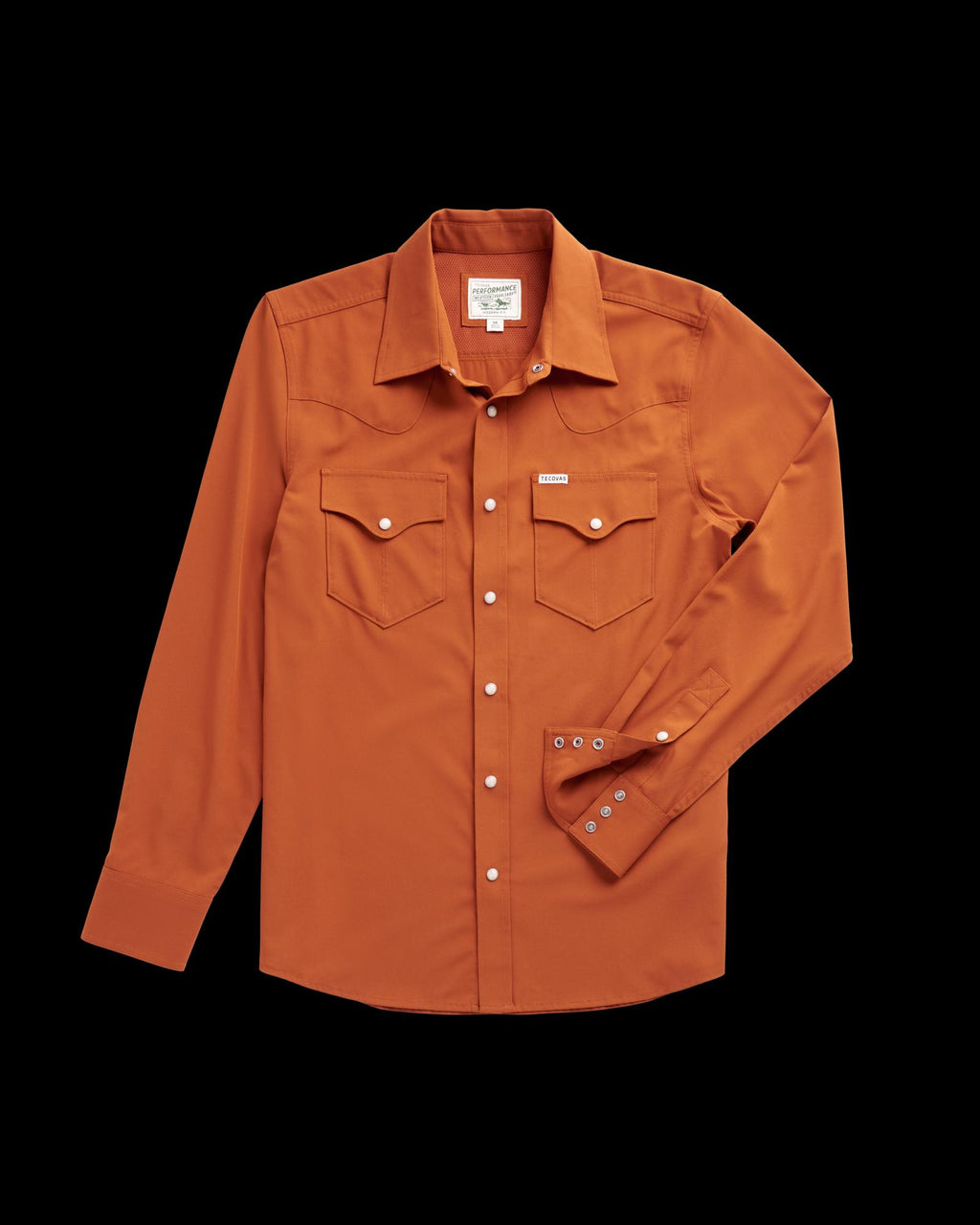 Closeup detail view of Men's Performance Western Pearl Snap - Burnt Orange
